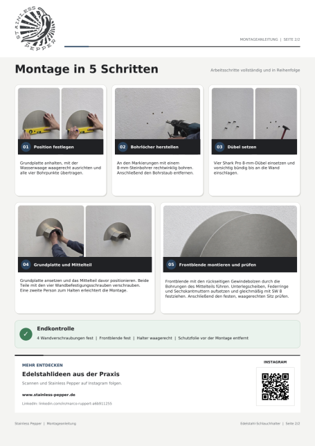 Zweite Seite der Montageanleitung für den Edelstahl-Schlauchhalter mit fünf bebilderten Montageschritten und Endkontrolle.